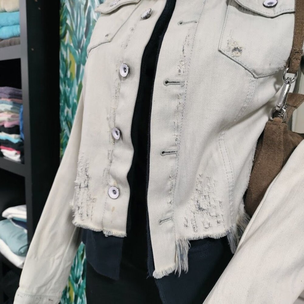 Free People Distressed Skater Grunge Layered Denim Jacket Ivory Black Size XS - Picture 6 of 15